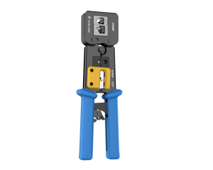 Pass-through RJ45 crimper with wire trimming blade