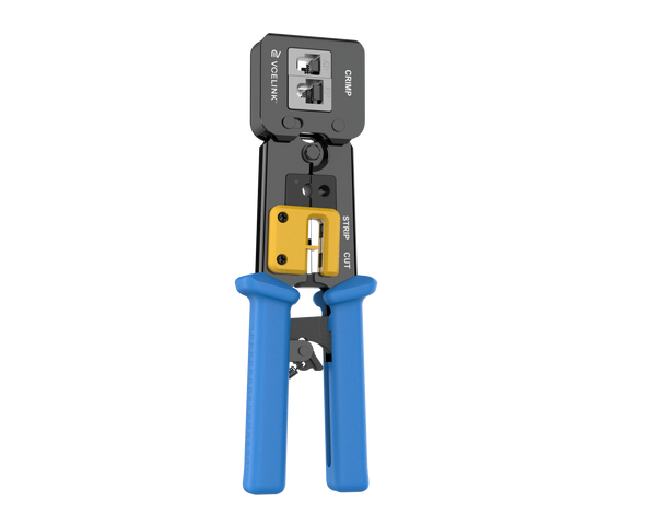 Pass-through RJ45 crimper with wire trimming blade