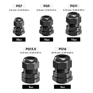 Cable Gland IP68 Nylon Waterproof Assortment (PG7/PG9/PG11/PG13.5/PG16)