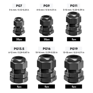 Cable Gland IP68 Nylon Waterproof Assortment (PG7/PG9/PG11/PG13.5/PG16/PG19) 