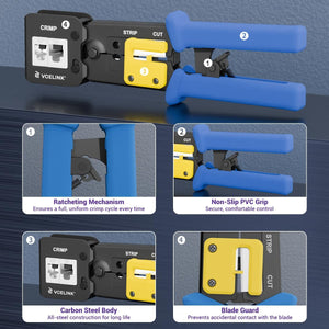 RJ45 crimper tool with built-in cable cutter and wire stripper