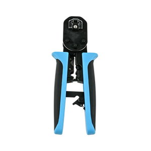 RJ45 crimper terminating Cat6 cable for PoE camera installation