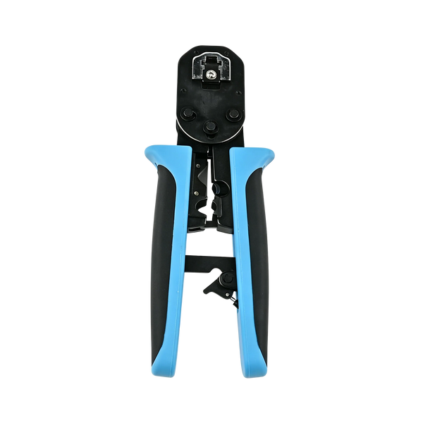 RJ45 crimper terminating Cat6 cable for PoE camera installation