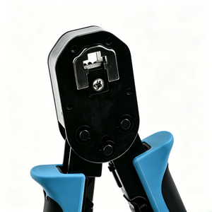 RJ45 crimper terminating a shielded Cat6A RJ45 connector