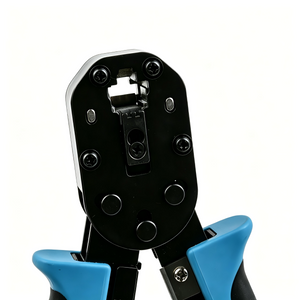 RJ45 crimper pressing a pass-through connector during cable termination
