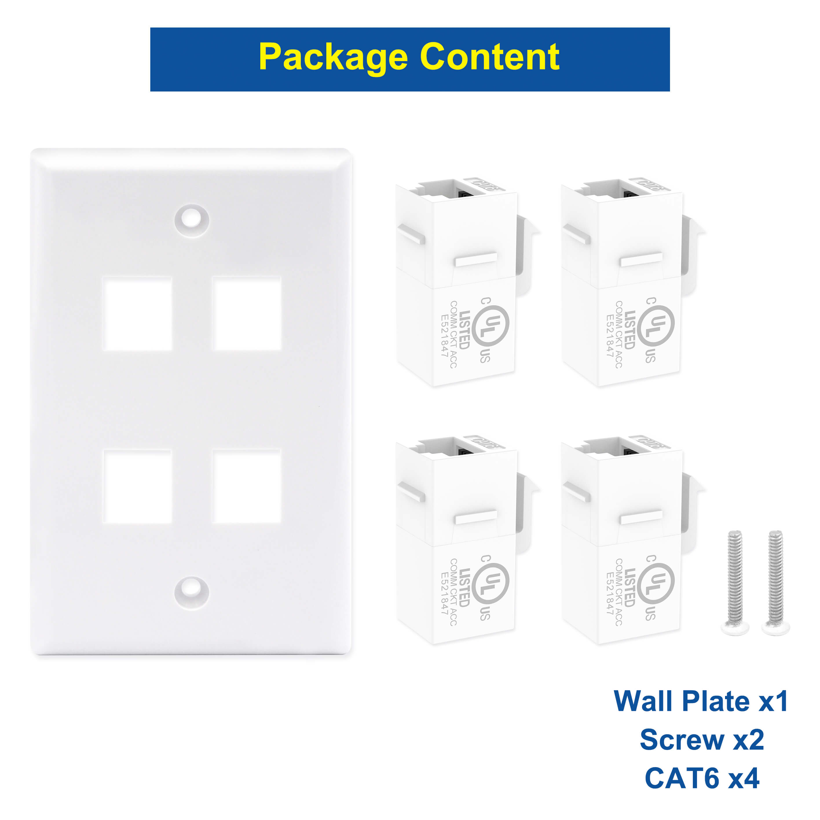 RJ45 Wall Plate 4 Port UL-Listed VCELINK