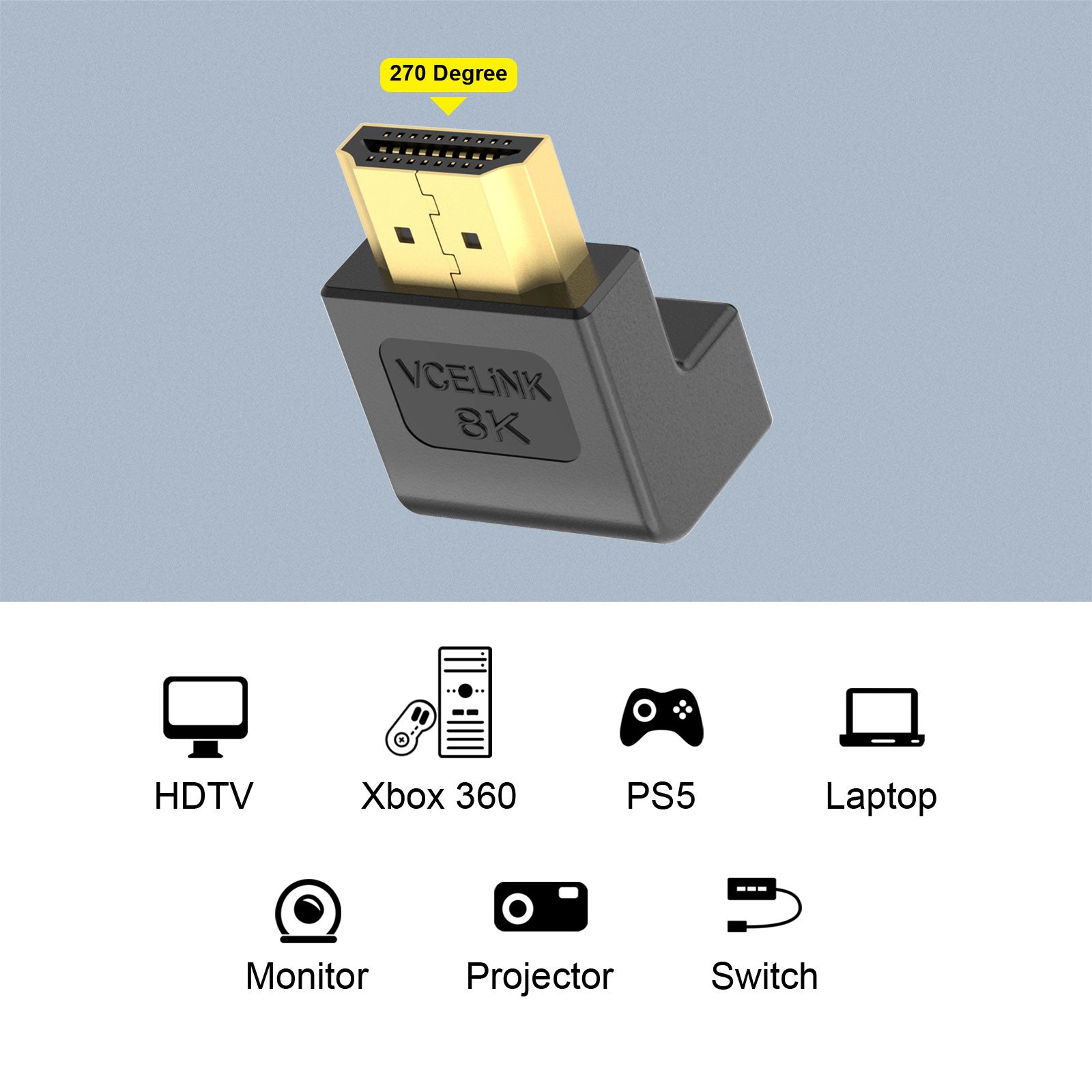 VCELINK Adaptador HDMI plano 8K de 90 grados y 270 grados, adaptador HDMI  de ángulo recto macho a hembra HDMI 2.1 adaptador con 8K @60Hz, 4K @120Hz