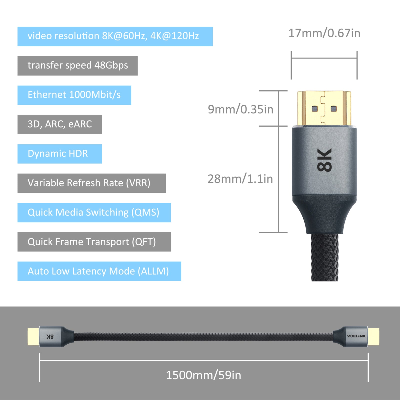 8K HDMI 2.1 Cable 48Gbps VCELINK