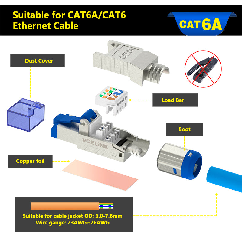 VCELINK Connecteur RJ45 Cat7 Cat6A sans Outil Fiche Réseau RJ45 Blindé pour  Câble d'Installation Lot de 2