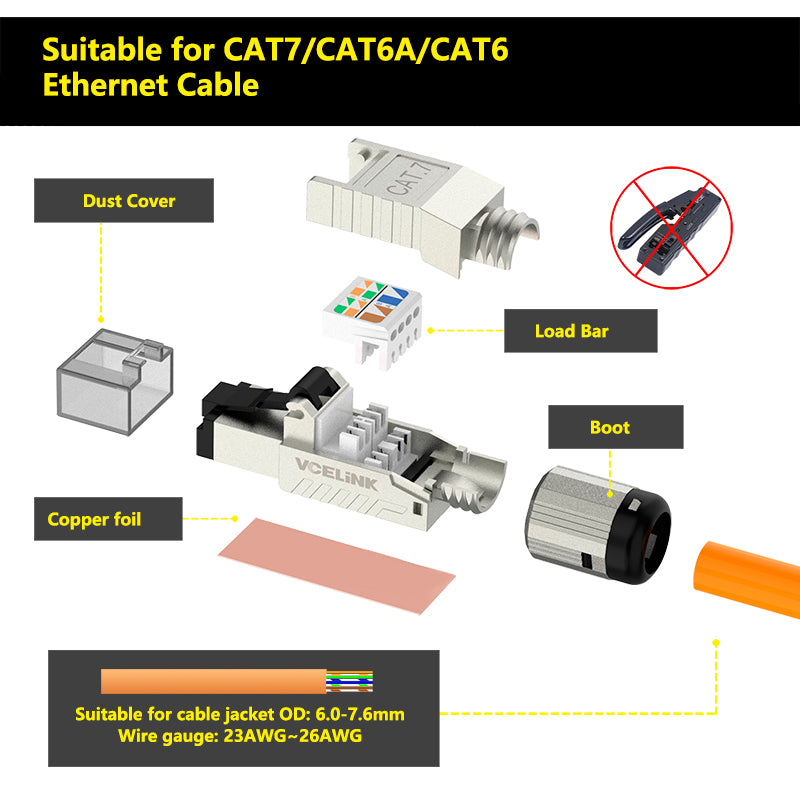 VCELINK Cat7 Cat6A RJ45 Pass Through Connectors Shielded 30-Pack, 3-Prong  50μ Gold Plated Modular Plug Ethernet Ends with Strain Relief Boots (Black)